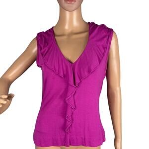 St. John Dahlia Blouse Jersey Viscose Stretch Fuschia Ruffle Neck SZ M Old Money